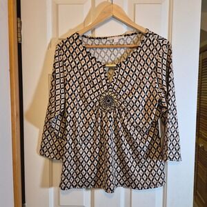 Stella + Ginger Womens Large Geometric Diamond Print Embellished V-Neck‎ Blouse